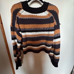 Free People Striped Crewneck Cropped Sweater in Black, Cream & Tan